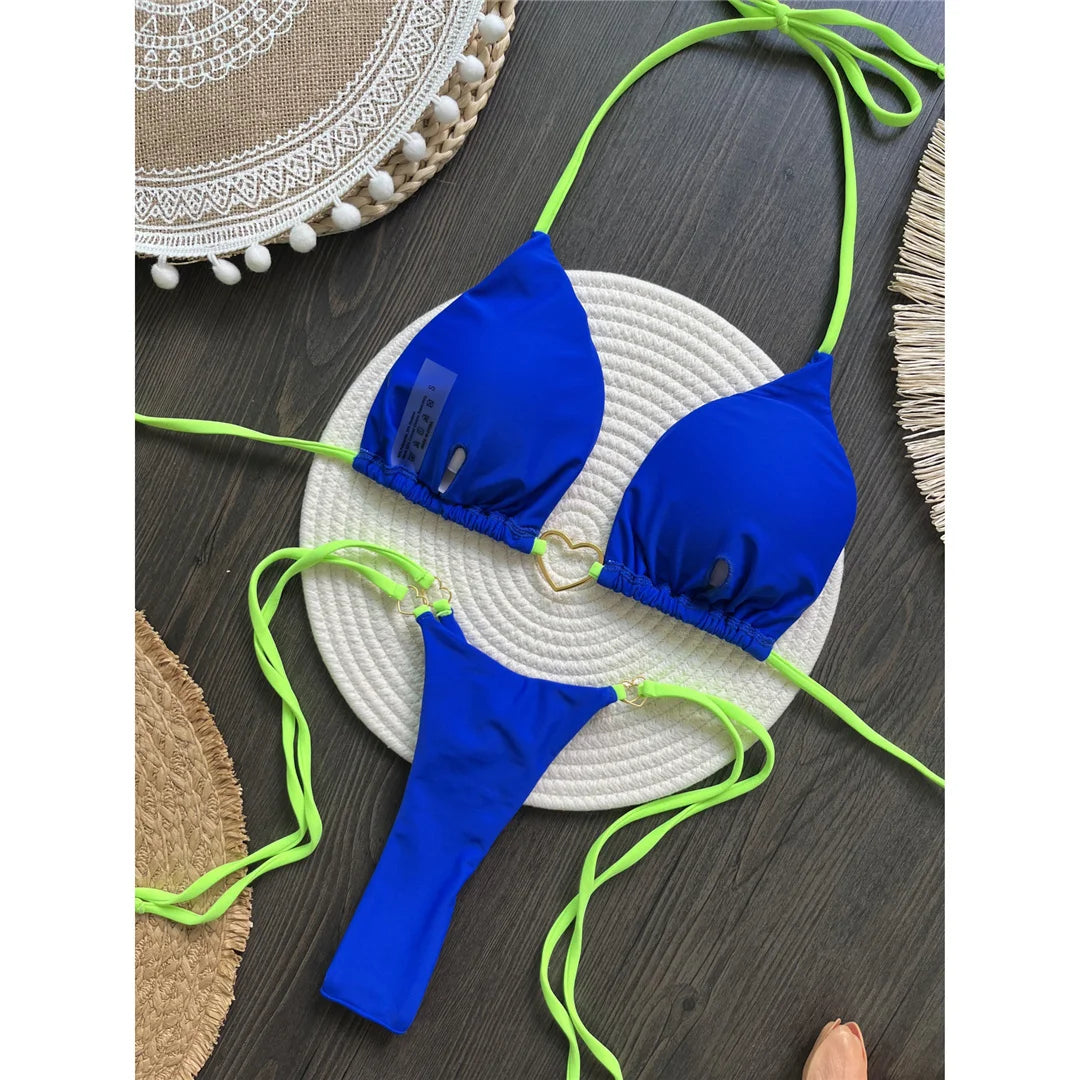 Splicing Halter Mini Thong High Cut Bikini Women Swimwear Female Swimsuit Two-Pieces Bikini Set Bather Bathing Suit Swim V6071