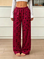 New Women Satin Pajama PantsHeart Print Elastic Waist Loose Wide Leg Sleep Bottoms Ladies Casual Trousers