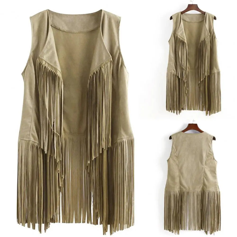 Open Front Tassel Cardigan Women's Fringe Vest Retro Sleeveless Jacket Cowgirl Western Outfits Outerwear