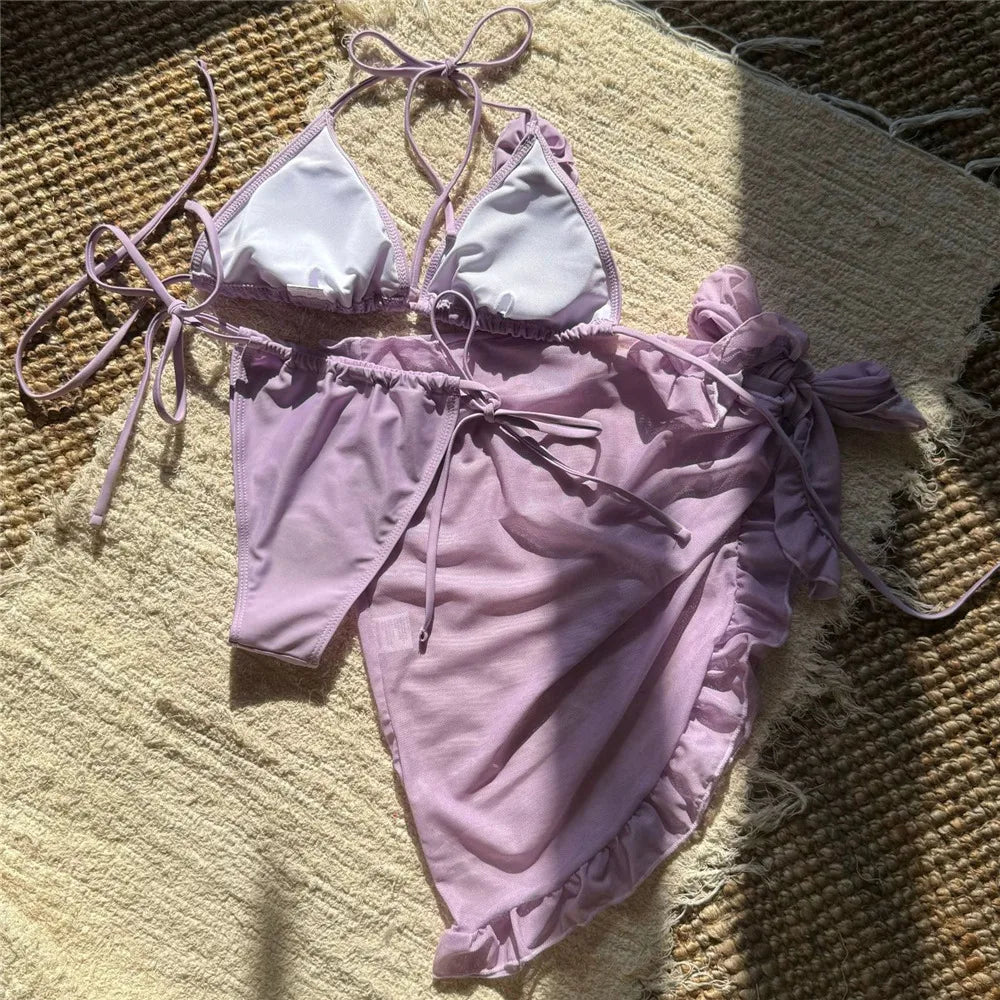 Sexy 3D Flower String Halter Bikinis 2025 Women Swimsuit Cover Ups Lace-up Thong Swimwear Beach Wear Bather 3 Piece Bikini Set