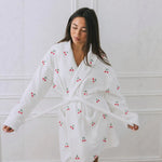 Soft Casual Home Loungewear Sleepwear Women White Terry Cloth Bathrobe Cute Cherry Print Loose Belted Dressing Gown