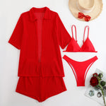 Summer 4 Piece Bikinis Sets Women Black White Mesh Half Sleeve Cover Up with High Waist Panties Swimsuit Bathing Suit Swimwear