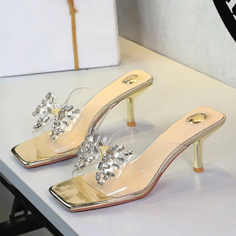 BIGTREE New Crystal Slippers Shoes Women Fine High Heels Transparent Sandals Female Slippers Sexy Outside Beaded Beach Shoes