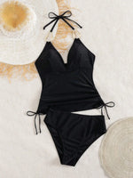 Vintage Black Two Piece Bikini Set 2026 Women Metal Buckle Strap V Neck Pleate Tank Top High Waist Bikini Bathing Suit Swimwear