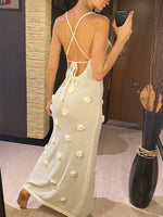 Elegant 3d Flower Knitted Dresses For Women V-neck Backless Sleeveless Lace Up Female Maxi Dress Summer Lady Beach Dress V6211