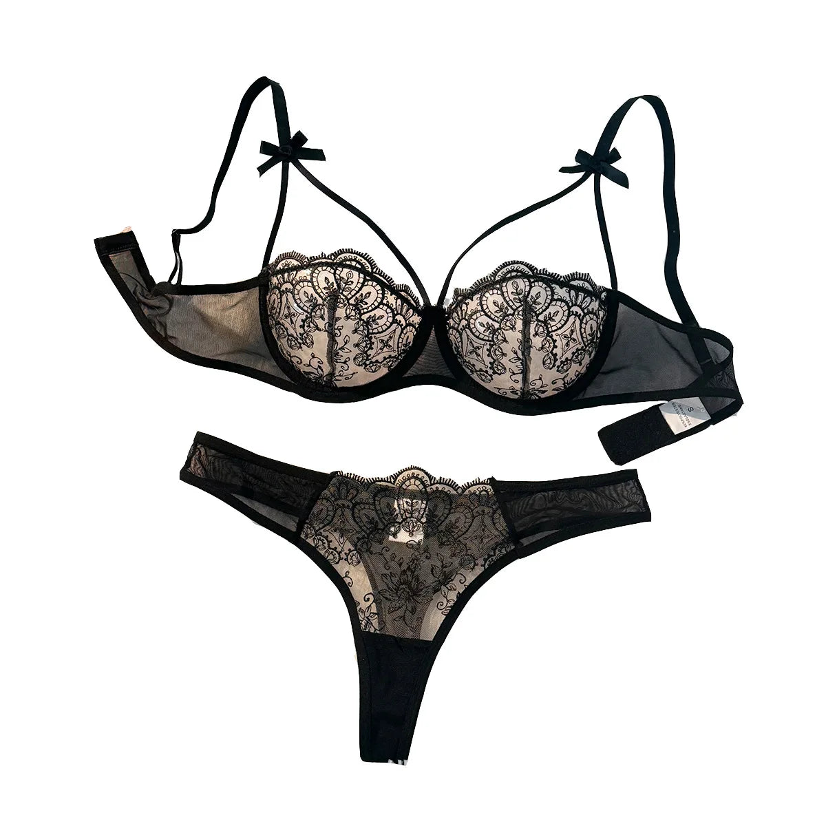 2-Piece Women's Black Comfortable Lightweight Bow Semi Transparent Lingerie Set ZA824057