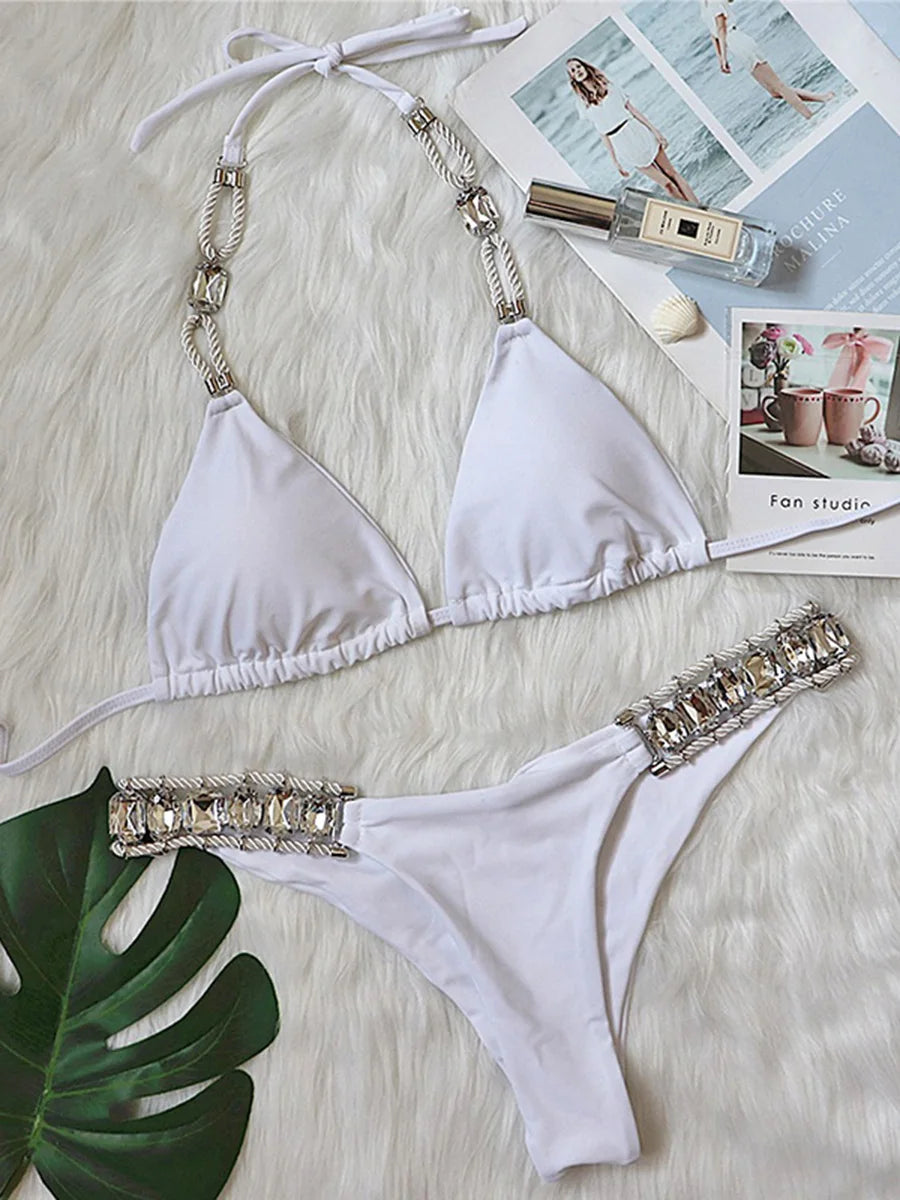 Halter Shiny Crystal Diamond Bikini Women Bandage Swimsuit Female Swimwear Rhinestone Bikini set Brazilian Bathing Suit Swim