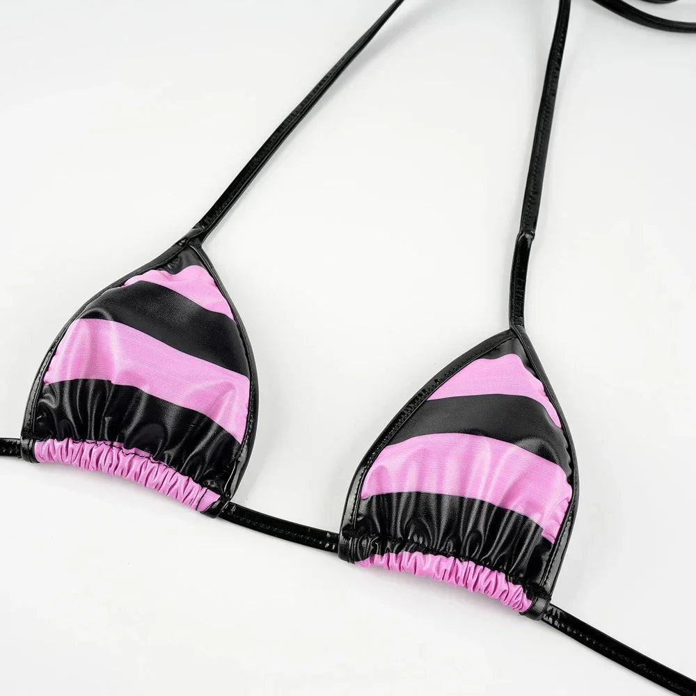 Summer Swimwear Japanese Kawaii PU Leather Micro Bikini Set Women Swimsuit Stripes Bra Set Sexy Lingerie Underwear Costume