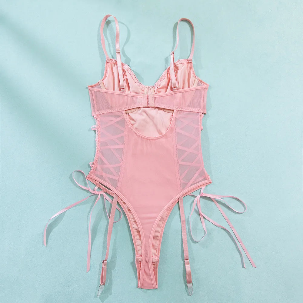 New Pink Sequin Hollow Out Bodysuits Elegant Backless Deep V Suspenders Sleeveless Bodysuits For Women Transparent Charming ZHAN