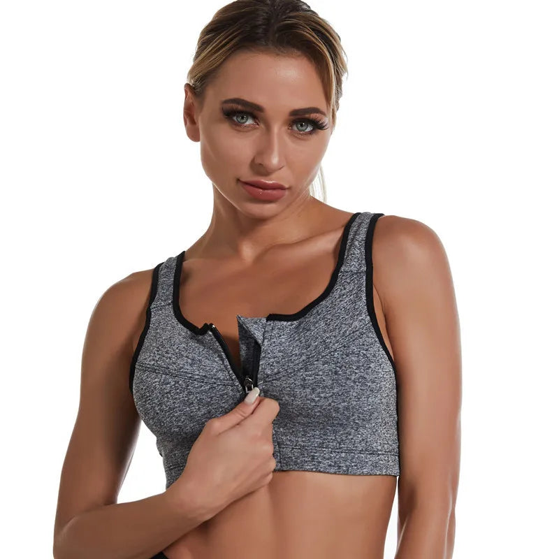 Solid Color Sports Bra Gathered Without Steel Ring Running Vest Fitness Front Zipper Tops Sexy Shockproof Women's Underwear