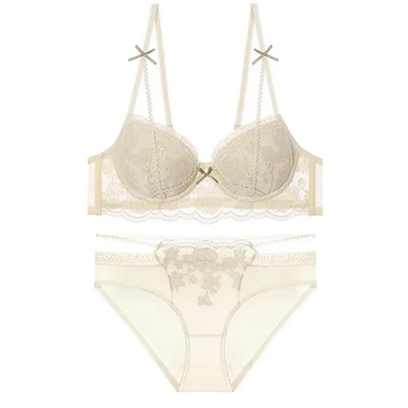 Antique French Lace Underwire Bra | Retro Petite Deep V Plunge Set | Summer Non-Padded Lingerie | Sexy Bridal Push Up Effect