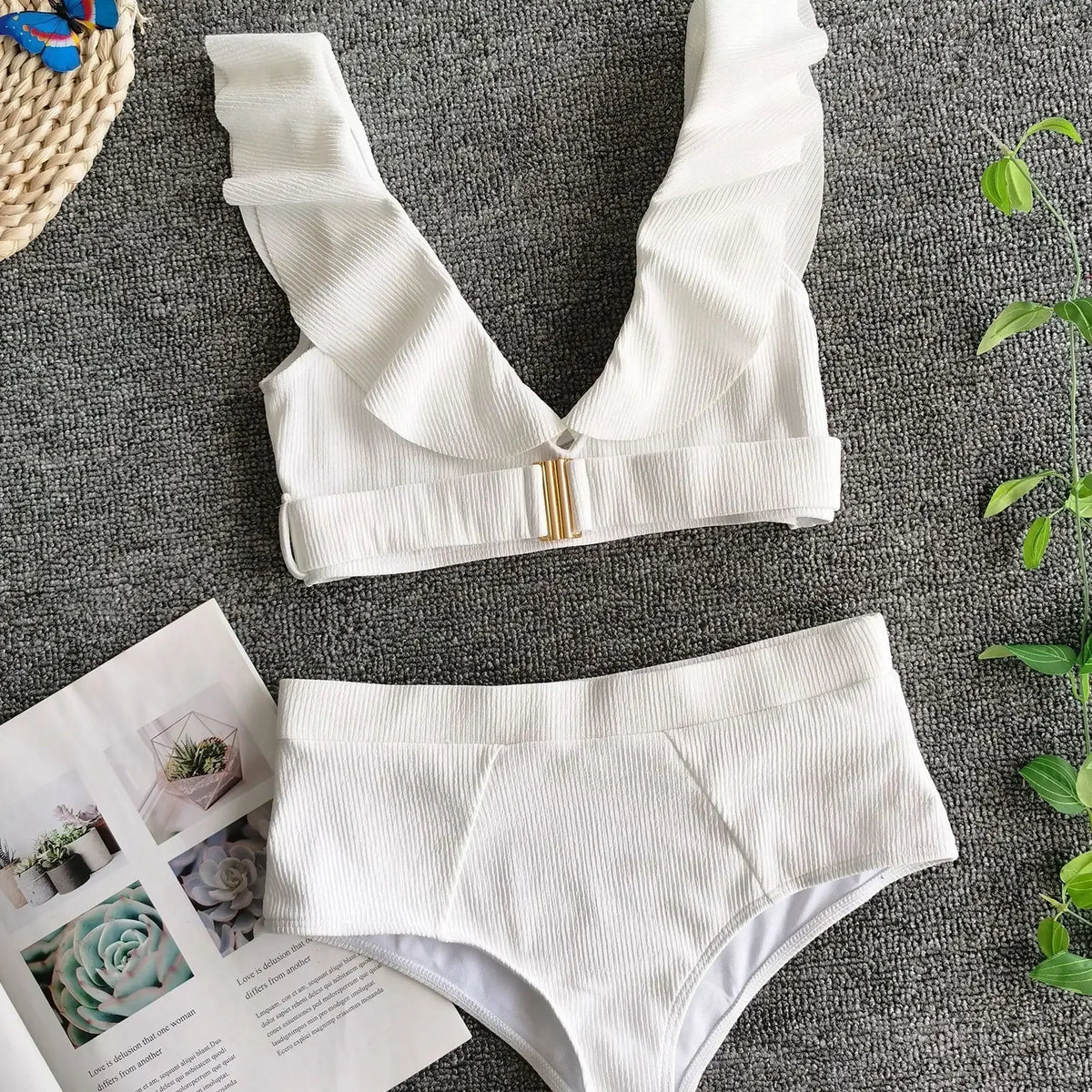 2026 New Sexy Bikini Women White Swimwear Swimsuit Ruffle V-neck Metal Buckle High Waist Beach Bikinis Set Bathing Suit Push Up