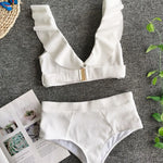 2026 New Sexy Bikini Women White Swimwear Swimsuit Ruffle V-neck Metal Buckle High Waist Beach Bikinis Set Bathing Suit Push Up