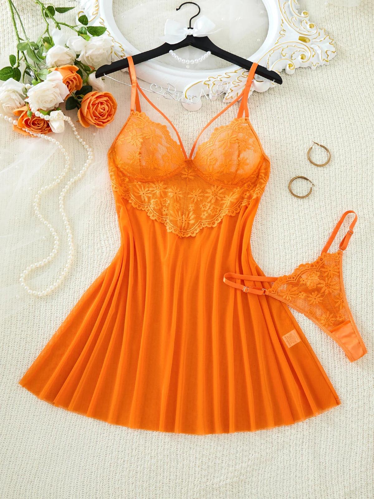 Orange Daisy Floral Lace Sheer Mesh Babydoll Lingerie Set Slip Nightdress With Matching Thong Women Sexy Sleepwear ZA825096