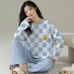 Cotton High Quality Large Size Ladies Autumn Winter Pajamas Women Pullover Long-Sleeved Cartoon School Homewear Green 2PCS/Set