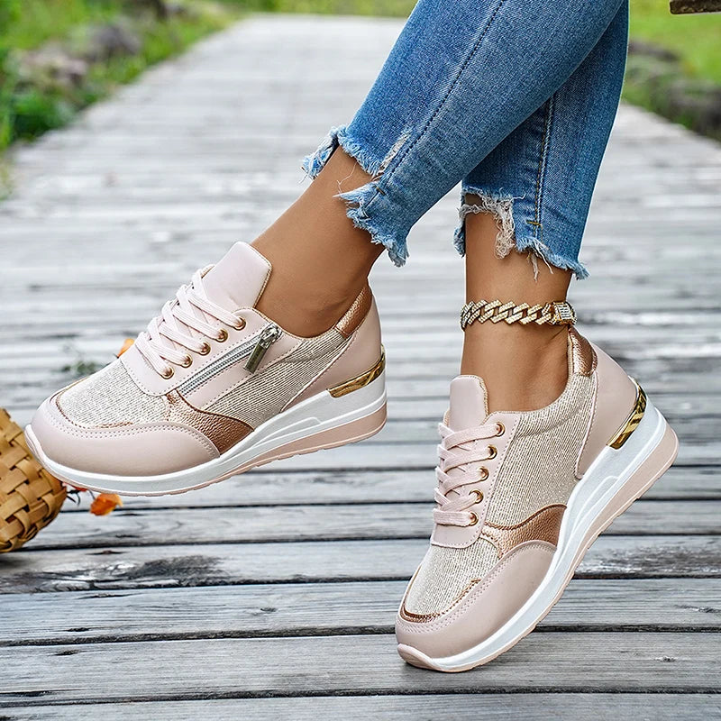 Plus Size 44 Wedges Sneakers Women Fashion Pink Gold Lace Up Platform Sports Shoes Woman Non Slip Thick Bottom Vulcanized Shoes