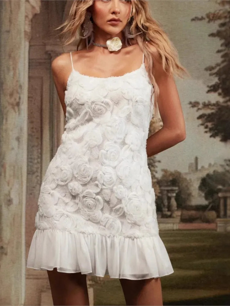 2025 Summer Lady New 3D Flower White Mini Chiffon Dresses Sexy Backless Simple Elegant Fashion Ladies Slim Holiday Party Outfits