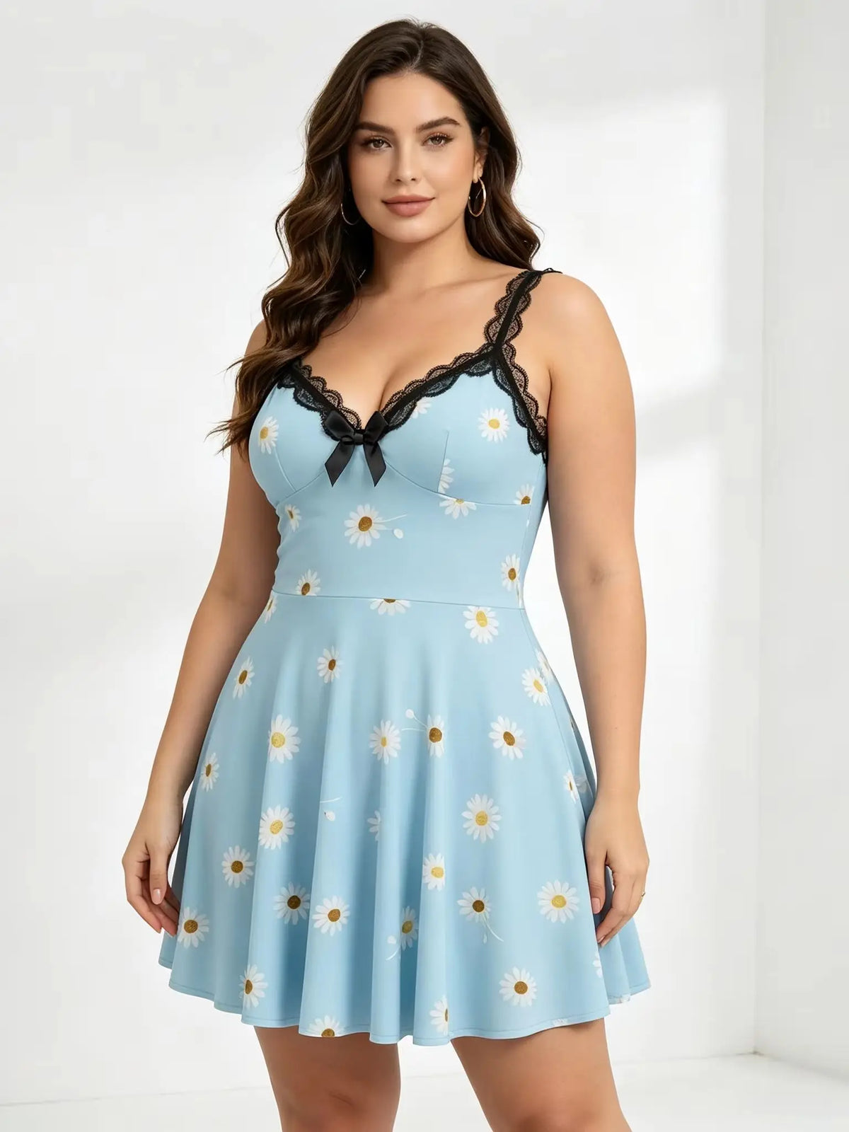 Plus Size Daisy Print Nightgown Women Lace Trim Bow V Neck Slip Dress Soft Mini Sleep Dress Summer Casual Ladies Lingerie Nightw