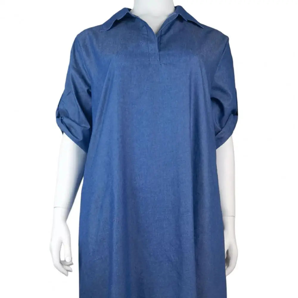 Autumn Spring Women Dress V Neck Loose Short Sleeves with Cufflink Split Hem Dress Buttons Pullover A-line Beach Maxi Dress