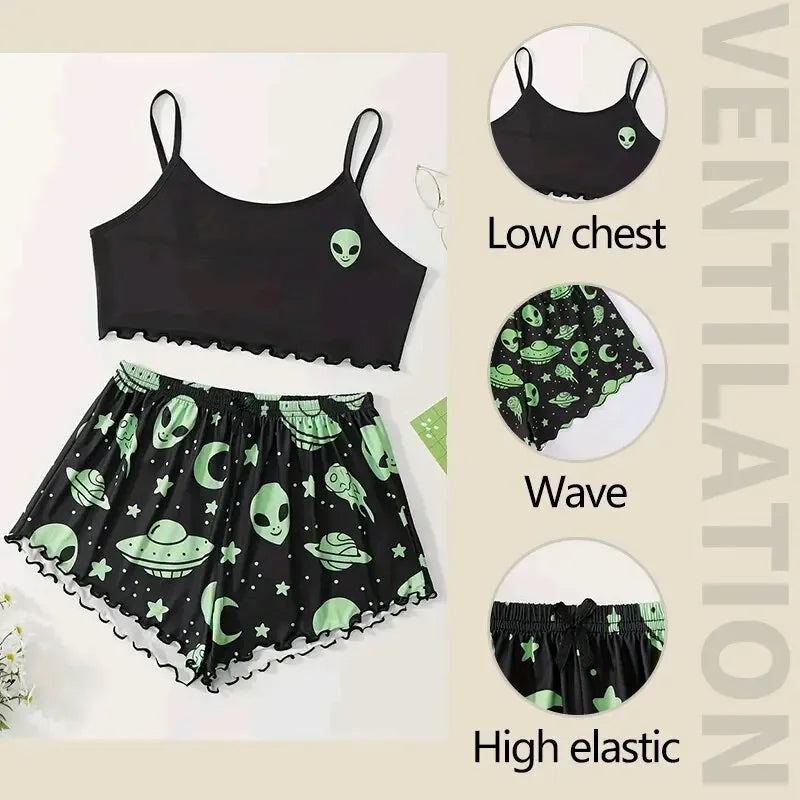 Summer Sleepwear Women Pajamas Set Alien Pattern Printed Sports Camisole Tops and Shorts Casual Loungewear