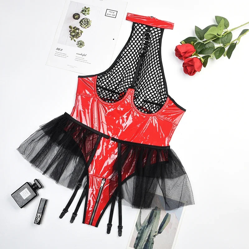 PU Latex Leather Open Crotch Bodysuit for Women Sexy Underwear Lingerie Set Erotic Mesh See Through Costumes