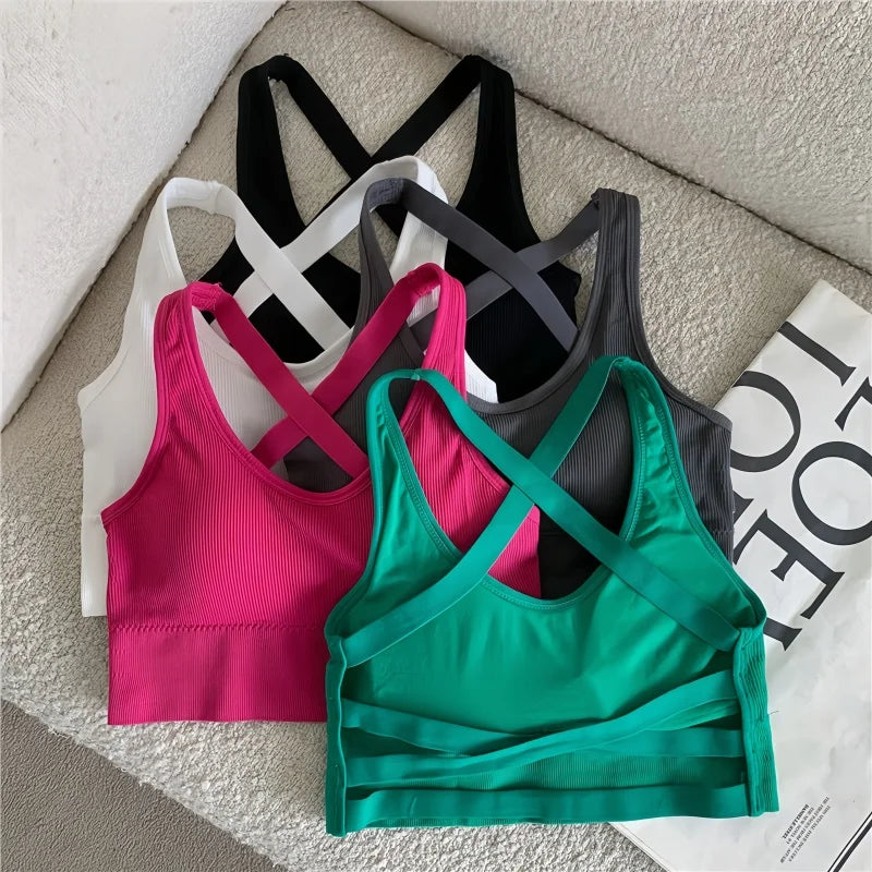 Sexy Bras Women Crop Top Seamless Underwear Hollow Back Cross Strap Sports Bra Without Steel Ring Female Fitness Top