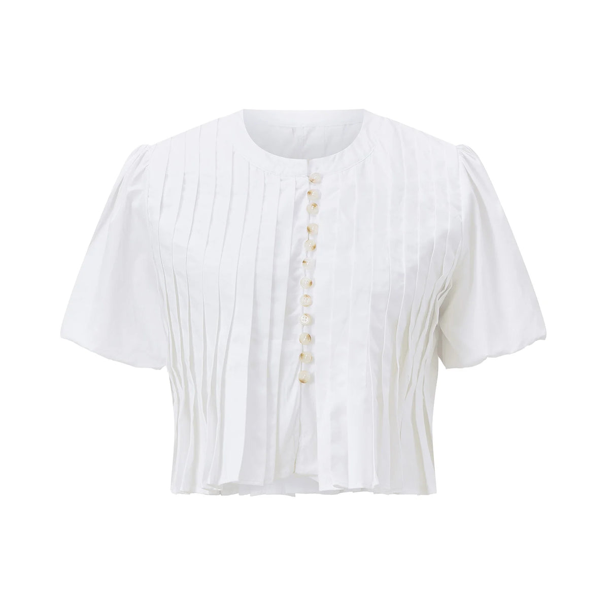 Summer Women's Ruched White Shirts Solid Color Bubble Short Sleeve Button Down Tops Casual Fashion Blouse