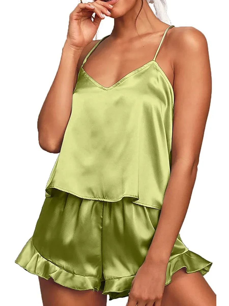 2 Piece Sets Women Nightwear Solid Color Sleeveless Camisole Tops + Ruffle Shorts Sets Summer Pajama Set Loungewear