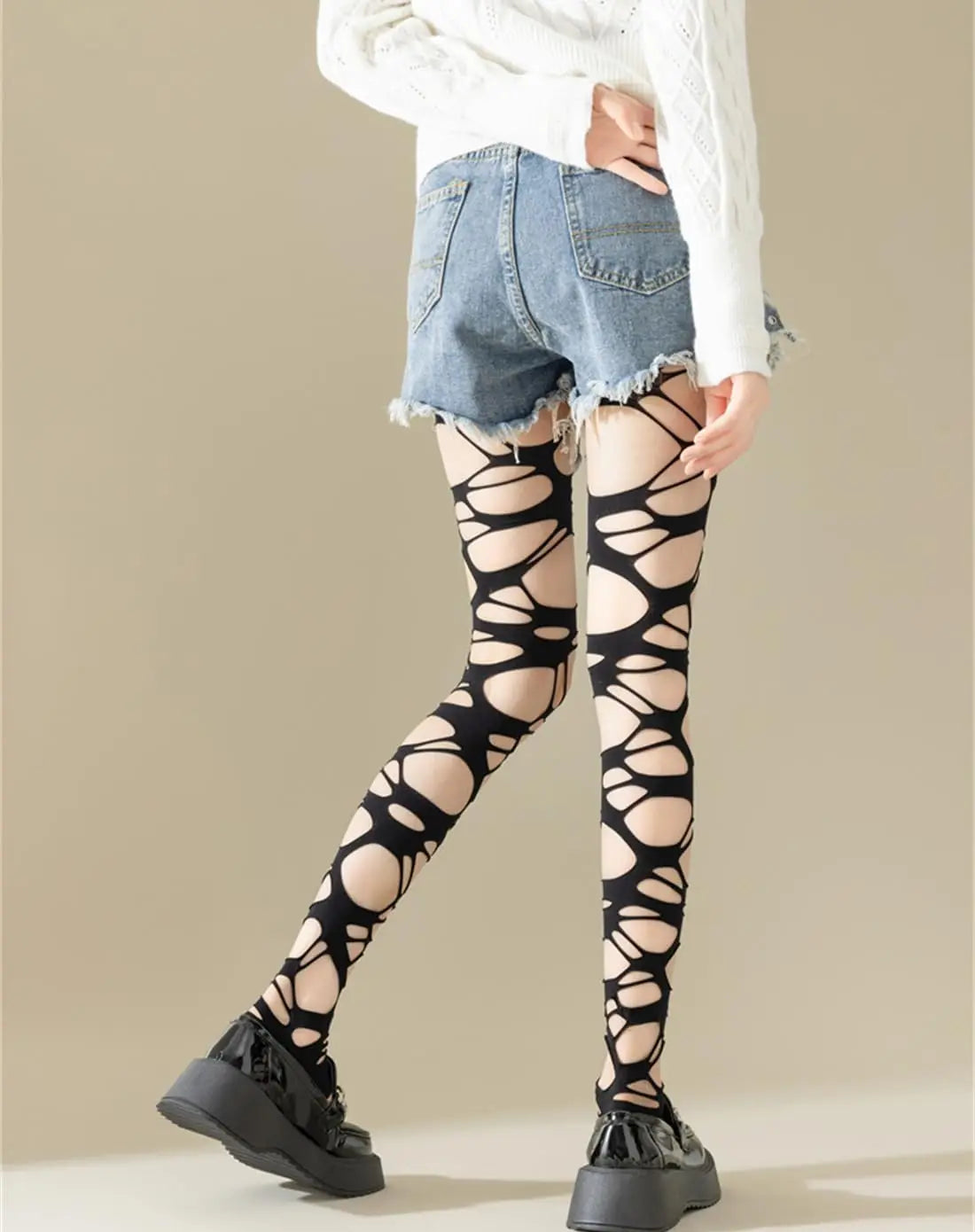 Sexy Black Ripped Fishnet Tights Women Gothic Punk Hollow Out Tight Mesh Pantyhose Stockings Leggings Emo Style Egirl Streetwear