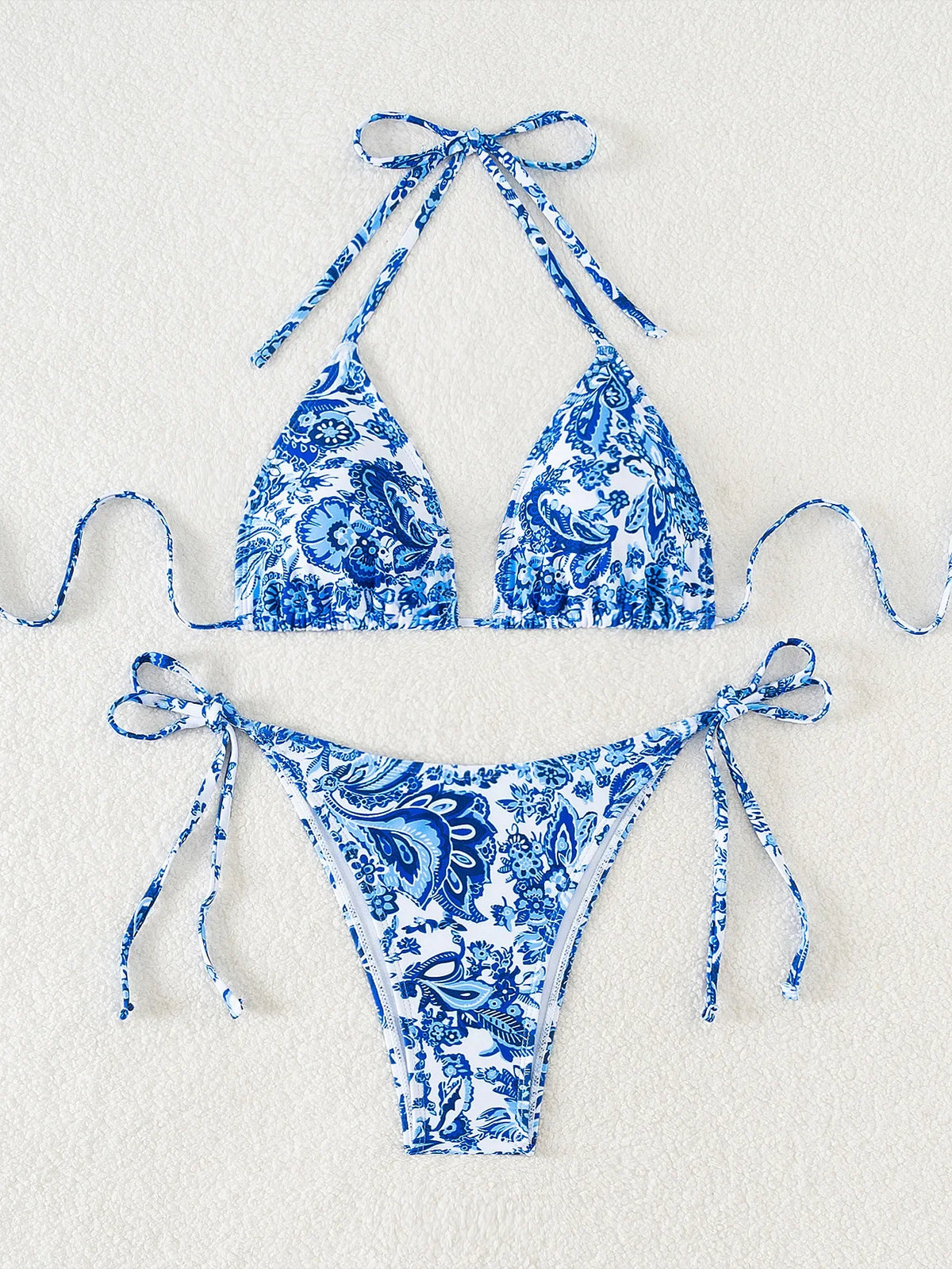 Blue Floral Print 2 Piece Micro Bikini Set for Women 2025 New Push Up Bra Thong Swimsuit Beach Bathing Suit Holiday Swimwear