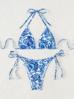 Blue Floral Print 2 Piece Micro Bikini Set for Women 2025 New Push Up Bra Thong Swimsuit Beach Bathing Suit Holiday Swimwear