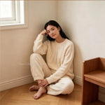 Autumn Winter Embossed Raglan Sleeve Pullover Cuffed Pants Ladies Homewear Sleepwear Women Solid Color Soft Pajama Set