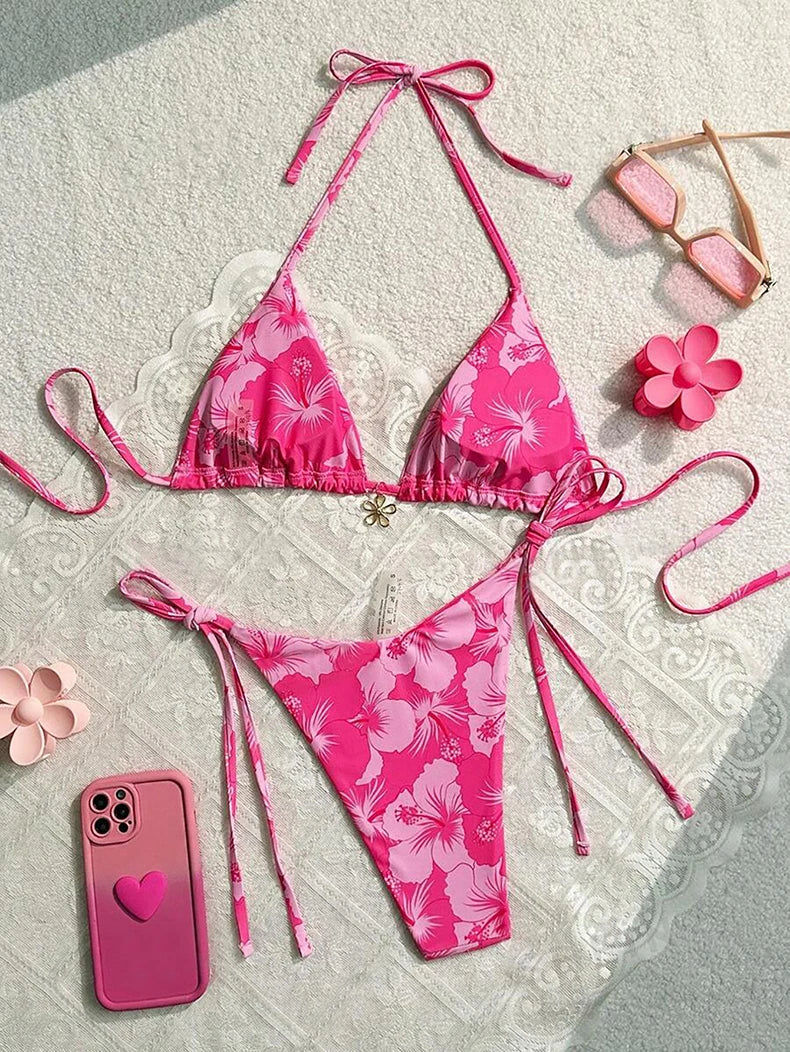 Sexy Pink Floral Print Bikini 2025 Mujer Women Metal Flower Ornament Push Up Thong Swimwear Summer Bathing Suit Micro Swimsuit
