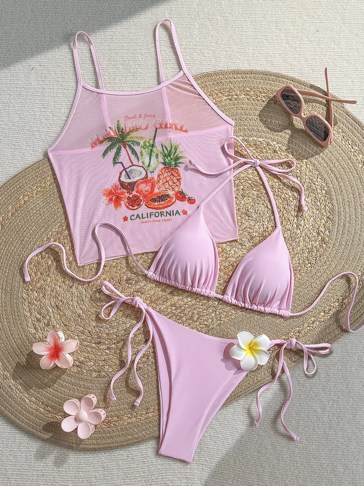 Vintage 3D Flower Thong Bikini Set 2026 Women Summer Fruit Print Cover Up 3 Piece Swimwear Push Up Bra Bathing Suit Swimsuit