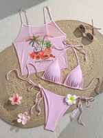 Vintage 3D Flower Thong Bikini Set 2026 Women Summer Fruit Print Cover Up 3 Piece Swimwear Push Up Bra Bathing Suit Swimsuit