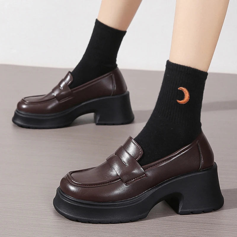 Brown Pu Leather Platform Loafers for Women British Style Round Toe Thick Heel Pumps Woman Slip On High Heels Office Shoes Lady