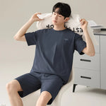 Men's Solid Pajama Plus Size Short Sleeve Round Neck Tee And Shorts Breathable Loose Fit Sleepwear Loungewear Summer Fashion Pjs