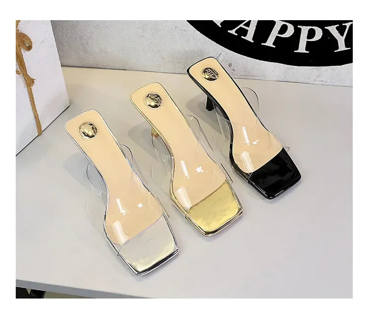 BIGTREE Sexy Silver PVC Transparent Crystal Womens Slippers 2026 Summer Square Toe Thin High Heels Sandals Ladies Shoes