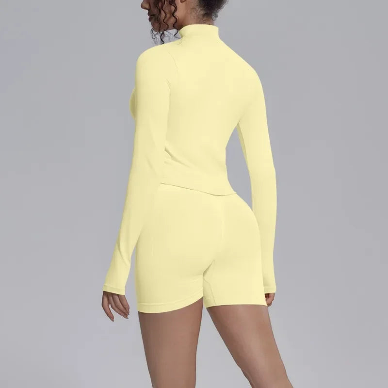 Women's Seamless Yoga Sets Sports Fitness Gym Zipper Long-Sleeve Jacket Hip Lift High-Waist Shorts Suits Workout Training Sets