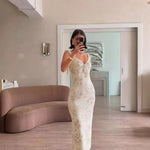 Sexy Elegant Flower Print Slim Long Dresses Women V-neck Low Cut Leace-up Backless Package Hip Bodycon Sleeveless Dress Female