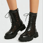 2026 New Big Size 45 Chic Black Lace Mesh Summer Boots Women Round Toe Square Heels Shoelace Zip-up Mid-calf Boots Shoes
