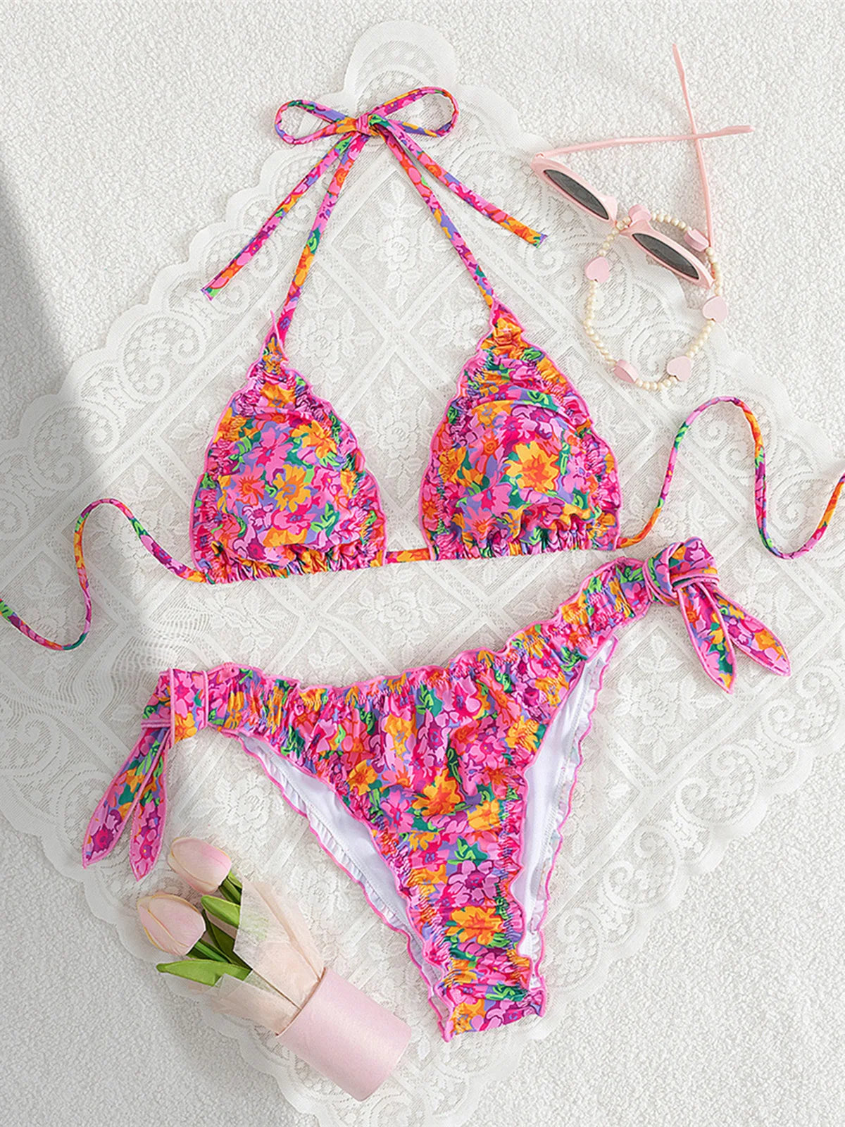 S - XL Floral Flower Printed Halter Bikini Women Swimwear Female Swimsuit Bather Bathing Suit Swim Two-pieces Bikini set K8104