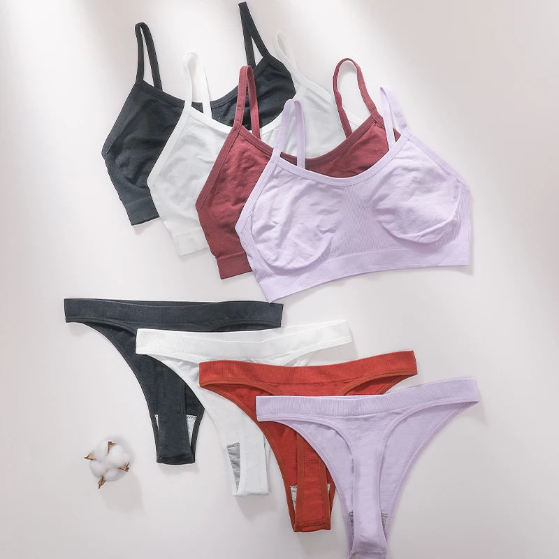 Women Ribbed Bra And Panties Set Seamless Bra Low Rise Thongs Sexy Lingerie Set Comfort Wire Free Tops Female Underwear