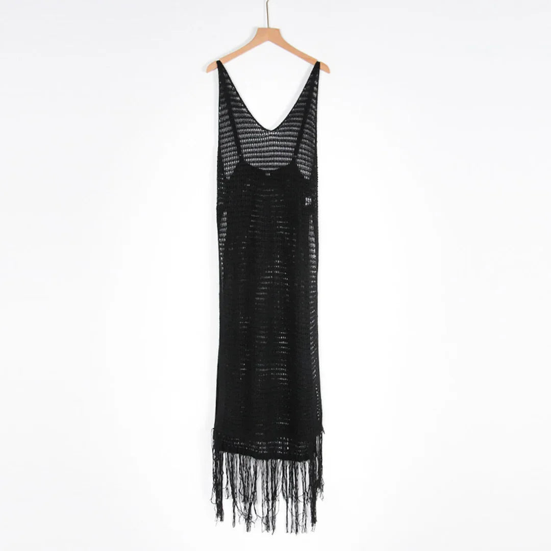 Sexy Fringe Tassel Knitted Crochet Tunic Beach Cover Up Women Long Dresses Cover-ups Beach Dress Beach Wear Beachwear Female