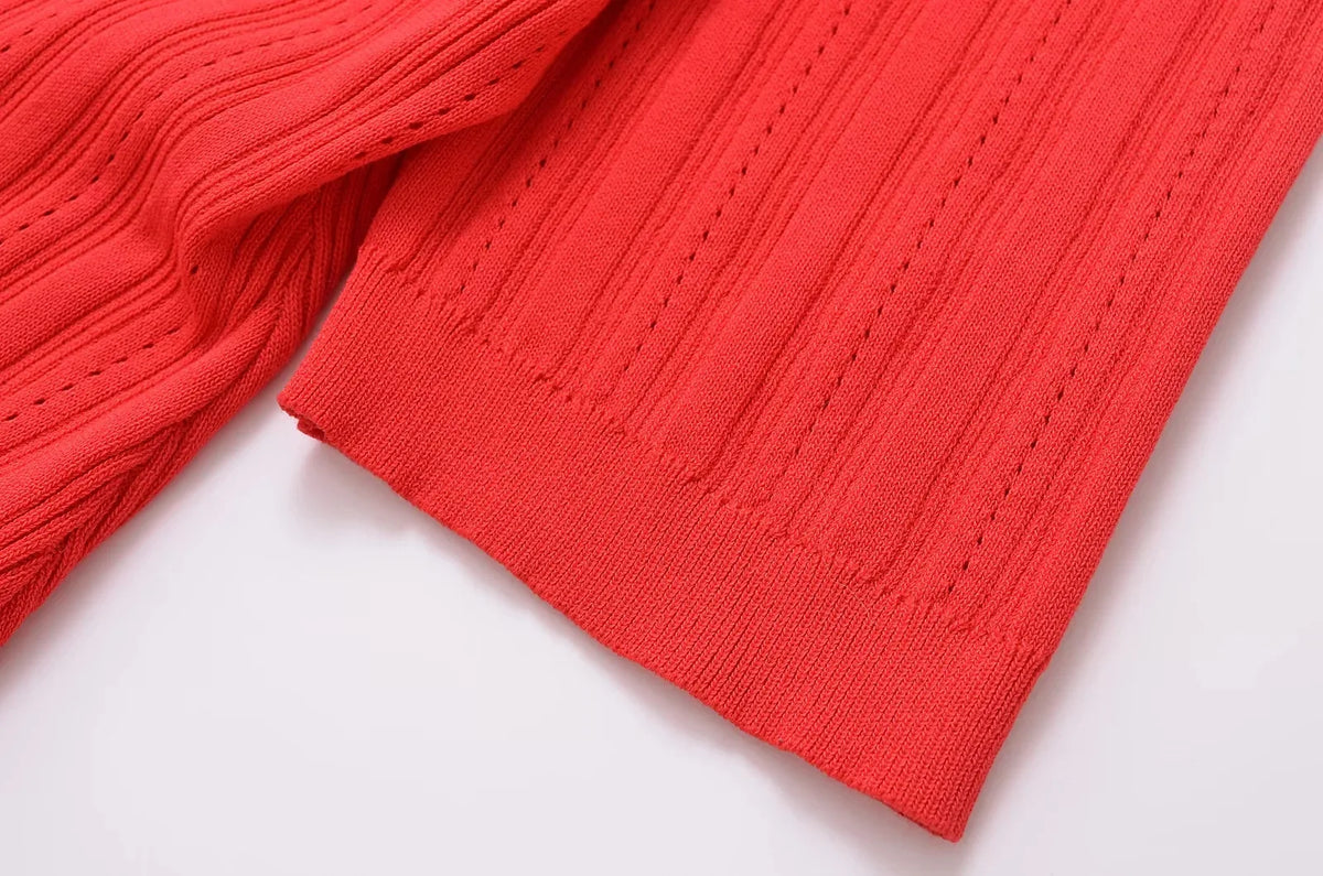 Foridol Red Knitted Polo Dress Autumn Winter Women Dress Casual Elegant Maxi A-line Hollow OutDress Slim Christmas Party