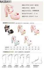 Blue White Ankle Sandals Girls Lace Strap Ankle Women High Heels Mary Janes Pumps Party Wedding Dress Bow Princess Lolita Shoes