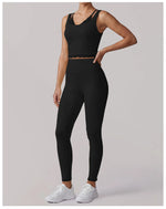 Fake Two Piece Tank Top Yoga Sets Women Lace V Neck Sports Vest Fitness Suit Hip Lifting High Waist Leggings Workout Clothes