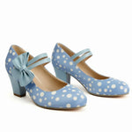 Plus Size 33-48 Sweet Polka Dot Mary Jane Heels Shoes Women Pink Blue Side Bow Tie Round Toe Chunky Block Heel Cute Lolita Pumps
