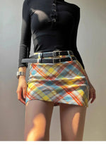 Plaid Double Waistband A-line Short SkirtWomen American Style Street High Waist Casual Collision Color Wrap Hip Skirt OJR7