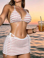 DEKA Women Bandage Bohemian Striped Bikini Set Swimsuit Retro Crochet Three-Piece Swimwear with Skirt Cover-up Beachwear Tanga